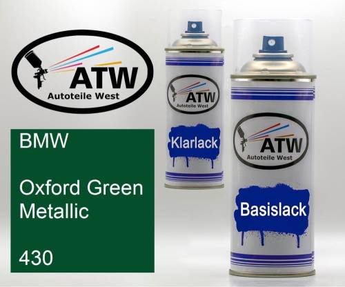 BMW, Oxford Green Metallic, 430: 400ml Sprühdose + 400ml Klarlack - Set, von ATW Autoteile West.